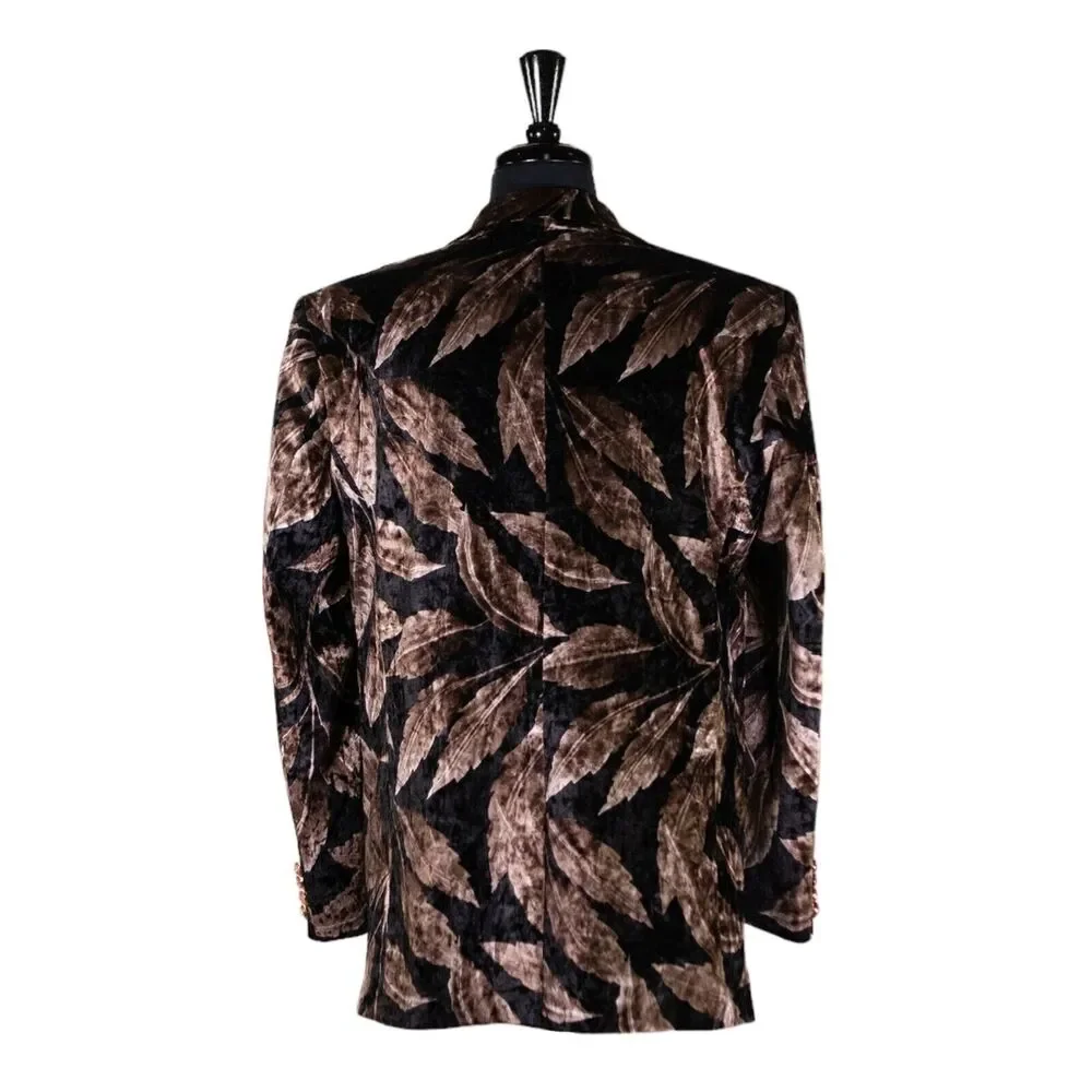 Mens Blazer Brown Black Floral Velvet Luxury Dress Formal Jacket Sport Coat 42R